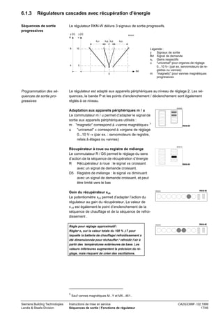 6.1.3

Régulateurs cascades avec récupération d’énergie

Séquences de sortie
progressives

Le régulateur RKN-W délivre 3 signaux de sortie progressifs.
y [V]
m

y [V]
u

60425A

x c1
8

xc3

10

4

x c5 x c5

0
Bd
0

Programmation des séquences de sortie progressives

Légende :
y
Signaux de sortie
Bd Signal de demande
xc Gains respectifs
u
"universel" pour organes de réglage
0...10 V− (par ex. servomoteurs de registres ou vannes)
m "magnetic" pour vannes magnétiques
progressives

Le régulateur est adapté aux appareils périphériques au niveau de réglage 2. Les séquences, la bande P et les points d’enclenchement / déclenchement sont également
réglés à ce niveau.
60420A

Adaptation aux appareils périphériques m / u
Le commutateur m / u permet d’adapter le signal de
sortie aux appareils périphériques utilisés :
m "magnetic" correspond à «vanne magnétique» 3
u
"universel" « correspond à «organe de réglage
0...10 V−» (par ex. : servomoteurs de registre,
relais à étages ou vannes)

RKN-W

60421 A

Récupérateur à roue ou registre de mélange
Le commutateur R / D5 permet le réglage du sens
d’action de la séquence de récupération d’énergie
R
Récupérateur à roue : le signal va croissant
avec un signal de demande croissant.
D5 Registre de mélange : le signal va diminuant
avec un signal de demande croissant, et peut
être limité vers le bas

RKN-W

Gain du récupérateur xc5
Le potentiomètre xc5 permet d’adapter l’action du
régulateur au gain du récupérateur. La valeur de
x c5 est également le point d’enclenchement de la
séquence de chauffage et de la séquence de refroidissement .

60422A

RKN-W

Règle pour réglage approximatif :
Régler xc sur la valeur totale du 100 % ∆T pour
laquelle la batterie de chauffage/ refroidissement a
été dimensionnée pour réchauffer / refroidir l’air à
partir des températures extérieures de base. Les
valeurs inférieures augmentent la précision du réglage, mais risquent de créer des oscillations.

60423A

RKN-W

3

Siemens Building Technologies
Landis & Staefa Division

Sauf vannes magnétiques M...Y et MX...461..

Instructions de mise en service
Séquences de sortie / Fonctions de régulateur

CA2G3399F / 02.1999
17/46

 