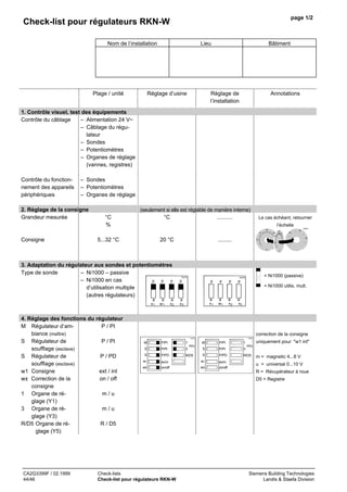 page 1/2

Check-list pour régulateurs RKN-W
Nom de l’installation

Plage / unité

Lieu

Réglage d’usine

Bâtiment

Réglage de
l’installation

Annotations

1. Contrôle visuel, test des équipements
Contrôle du câblage
– Alimentation 24 V~
– Câblage du régulateur
– Sondes
– Potentiomètres
– Organes de réglage
(vannes, registres)
Contrôle du fonctionnement des appareils
périphériques

– Sondes
– Potentiomètres
– Organes de réglage

2. Réglage de la consigne
Grandeur mesurée

(seulement si elle est réglable de manière interne)

°C
%

°C

..........

Le cas échéant, retourner
l’échelle
70273

20
15

Consigne

5...32 °C

20 °C

.........

25
15

60

20

40
25
80

30

10

30 20
30

10

°C

3. Adaptation du régulateur aux sondes et potentiomètres
Type de sonde
– Ni1000 – passive
– Ni1000 en cas
p
p
p
d’utilisation multiple
(autres régulateurs)
a
x1

4. Réglage des fonctions du régulateur
P / PI
M Régulateur d’ambiance (maître)
P / PI
S Régulateur de
soufflage (esclave)
P / PD
S Régulateur de
soufflage (esclave)
ext / int
w1 Consigne
on / off
w± Correction de la
consigne
m/u
1 Organe de réglage (Y1)
m/u
3 Organe de réglage (Y3)
R/D5 Organe de réR / D5
glage (Y5)

CA2G3399F / 02.1999
44/46

a
w1

a
x2

70274

7 02 7 7 7 02 7 6

°

70275

p

p

p

p

p

= Ni1000 (passive)
= Ni1000 utilis. mult.

a
x1

a
x3

a
w1

a
x2

a
x3

correction de la consigne
70279

M

P/PI

1

S

P/PI

3

R/D5

m/u

70365

P/PI

1

S

P/PI

3

R/D5

S

P/PD

S

P/PD

w1

ex/in

w1

ex/in

w±

on/off

w±

on/off

Check-lists
Check-list pour régulateurs RKN-W

uniquement pour "w1 int"

M

m/u

m = magnetic 4...8 V
u = universal 0...10 V
R = Récupérateur à roue
D5 = Registre

Siemens Building Technologies
Landis & Staefa Division

 
