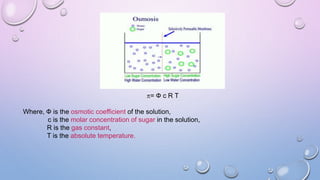 = Ф c R T
Where, Ф is the osmotic coefficient of the solution,
c is the molar concentration of sugar in the solution,
R is the gas constant,
T is the absolute temperature.
 