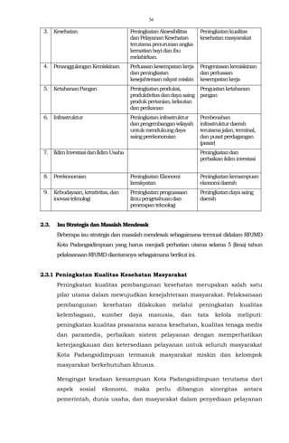 36
3. Kesehatan PeningkatanAksesibilitas
danPelayananKesehatan
terutamapenurunanangka
kematianbayidanibu
melahirkan.
Peningkatankualitas
kesehatanmasyarakat
4. PenanggulanganKemiskinan Perluasankesempatankerja
danpeningkatan
kesejahteraanrakyatmiskin
Pengentasankemiskinan
danperluasan
kesempatankerja
5. KetahananPangan Peningkatanproduksi,
produktivitasdandayasaing
produk pertanian,kelautan
danperikanan
Penguatanketahanan
pangan
6. Infrastruktur Peningkataninfrastruktur
danpengembanganwilayah
untuk mendukungdaya
saingperekonomian
Pembenahan
infrastrukturdaerah
terutamajalan,terminal,
danpusatperdagangan
(pasar)
7. IklimInvestasidanIklimUsaha Peningkatandan
perbaikanikliminvestasi
8. Perekonomian PeningkatanEkonomi
kerakyatan
Peningkatankemampuan
ekonomidaerah
9. Kebudayaan,kreativitas,dan
inovasi teknologi
Peningkatanpenguasaan
ilmupengetahuandan
penerapan teknologi
Peningkatandayasaing
daerah
2.3. Isu Strategis dan Masalah Mendesak
Beberapa isu strategis dan masalah mendesak sebagaimana termuat didalam RPJMD
Kota Padangsidimpuan yang harus menjadi perhatian utama selama 5 (lima) tahun
pelaksanaan RPJMD diantaranyasebagaimanaberikut ini.
2.3.1 Peningkatan Kualitas Kesehatan Masyarakat
Peningkatan kualitas pembangunan kesehatan merupakan salah satu
pilar utama dalam mewujudkan kesejahteraan masyarakat. Pelaksanaan
pembangunan kesehatan dilakukan melalui peningkatan kualitas
kelembagaan, sumber daya manusia, dan tata kelola meliputi:
peningkatan kualitas prasarana sarana kesehatan, kualitas tenaga medis
dan paramedis, perbaikan sistem pelayanan dengan memperhatikan
keterjangkauan dan ketersediaan pelayanan untuk seluruh masyarakat
Kota Padangsidimpuan termasuk masyarakat miskin dan kelompok
masyarakat berkebutuhan khusus.
Mengingat keadaan kemampuan Kota Padangsidimpuan terutama dari
aspek sosial ekonomi, maka perlu dibangun sinergitas antara
pemerintah, dunia usaha, dan masyarakat dalam penyediaan pelayanan
 