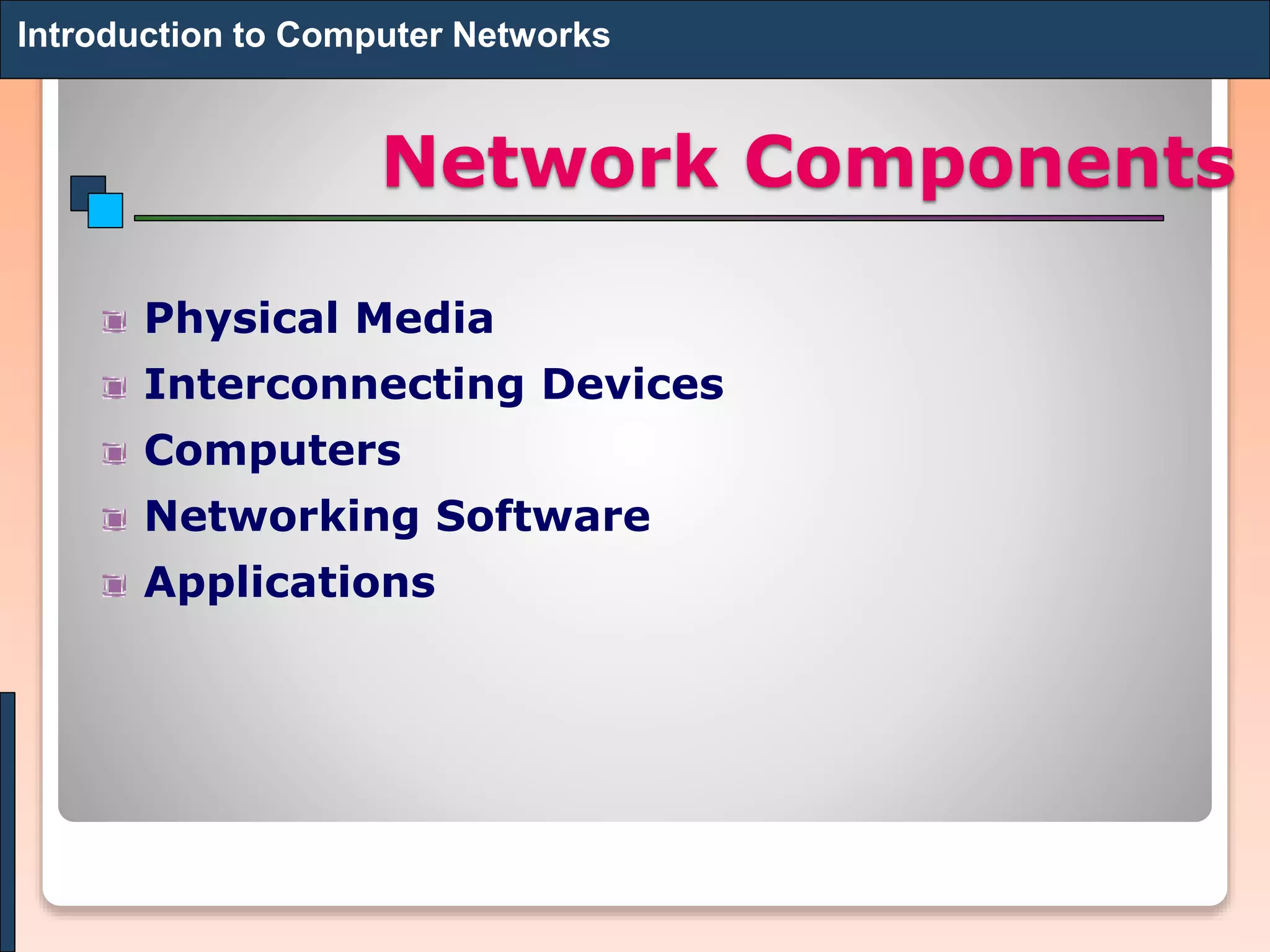 Network Components
Physical Media
Interconnecting Devices
Computers
Networking Software
Applications
Introduction to Computer Networks
 