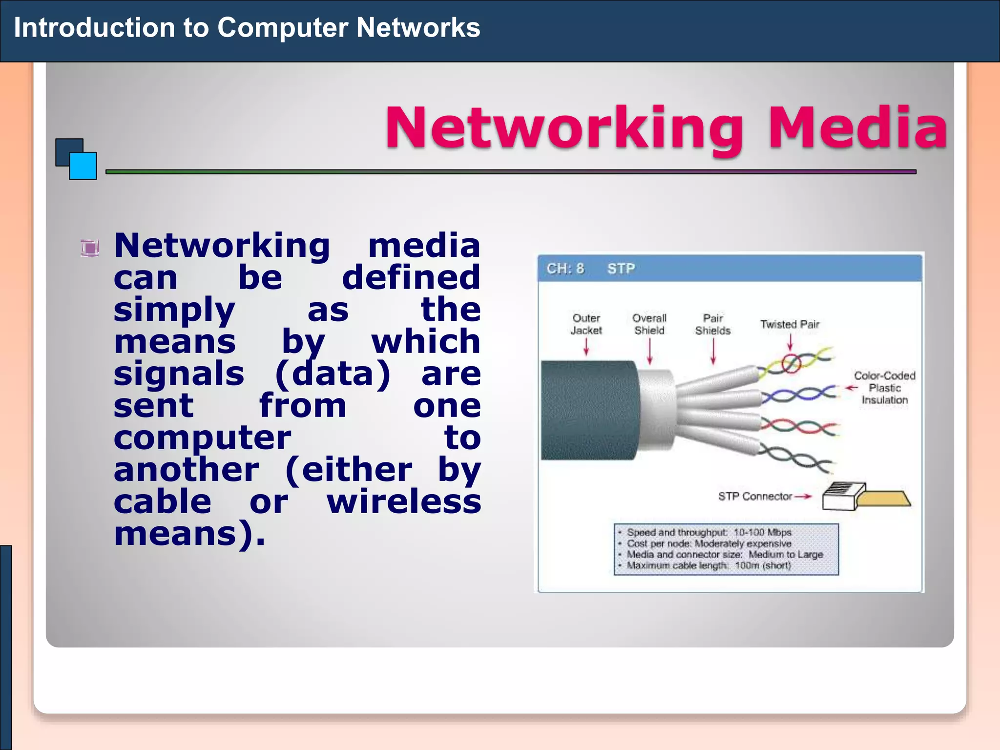 Networking Media
Networking media
can be defined
simply as the
means by which
signals (data) are
sent from one
computer to
another (either by
cable or wireless
means).
Introduction to Computer Networks
 