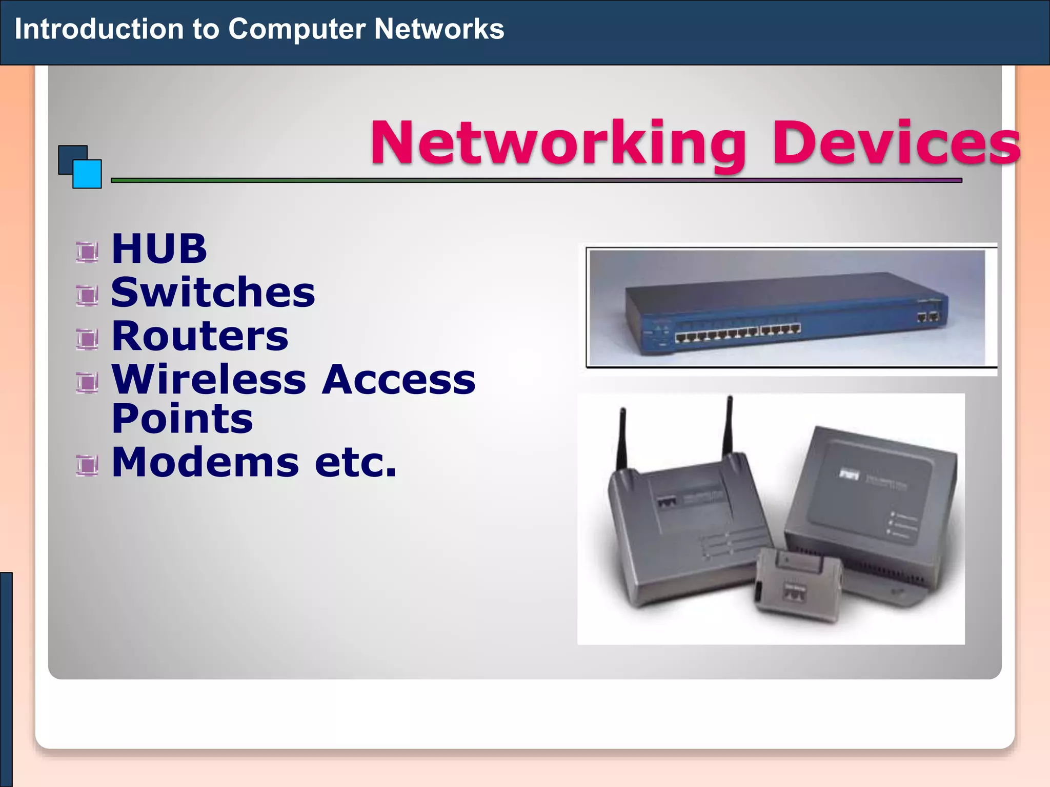Networking Devices
HUB
Switches
Routers
Wireless Access
Points
Modems etc.
Introduction to Computer Networks
 