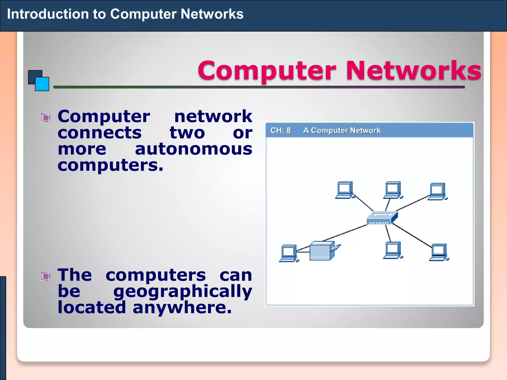 Computer Networks
Computer network
connects two or
more autonomous
computers.
The computers can
be geographically
located anywhere.
Introduction to Computer Networks
 