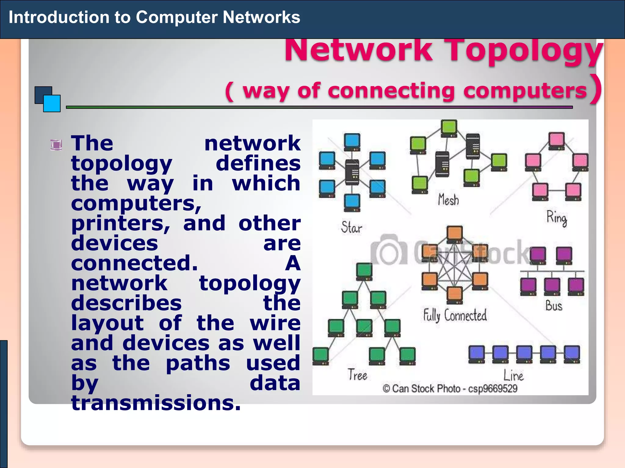 Network Topology
( way of connecting computers)
The network
topology defines
the way in which
computers,
printers, and other
devices are
connected. A
network topology
describes the
layout of the wire
and devices as well
as the paths used
by data
transmissions.
Introduction to Computer Networks
 
