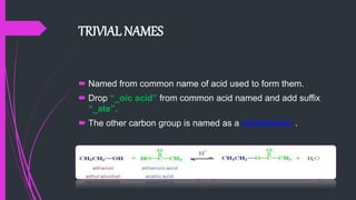 TRIVIAL NAMES
 Named from common name of acid used to form them.
 Drop “_oic acid” from common acid named and add suffix
“_ate”.
 The other carbon group is named as a substitution .
 