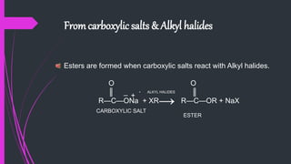Fromcarboxylic salts & Alkyl halides
Esters are formed when carboxylic salts react with Alkyl halides.
O O
║ _ ║
R—C—ONa + XR R—C—OR + NaX
+
→CARBOXYLIC SALT
• ALKYL HALIDES
ESTER
 