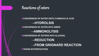 Reactions of esters
CONVERSION OF ESTER ONTO CARBOXYLIC ACID
→HYDROLSIS
CONVERSION OF ESTER INTO AMIDE
→AMMONOLYSIS
CONVERSION OF ESTERS INTO ALCOHOL
→REDUCTION
→FROM GRIGNARD REACTION
TRANS-ESTERIFICATION
 