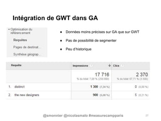 Intégration de GWT dans GA
27
● Données moins précises sur GA que sur GWT
● Pas de possibilité de segmenter
● Peu d’historique
@smonnier @nicolasmalo #measurecampparis
 