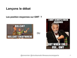 Lançons le débat
Les position moyennes sur GWT ?
OU
29@smonnier @nicolasmalo #measurecampparis
 