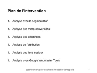 Plan de l’intervention
1. Analyse avec la segmentation
1. Analyse des micro-conversions
1. Analyse des entonnoirs
1. Analyse de l’attribution
1. Analyse des liens sociaux
1. Analyse avec Google Webmaster Tools
3@smonnier @nicolasmalo #measurecampparis
 