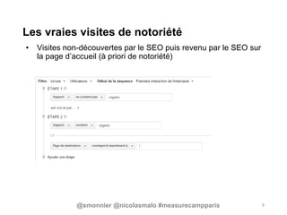 Les vraies visites de notoriété
• Visites non-découvertes par le SEO puis revenu par le SEO sur
la page d’accueil (à priori de notoriété)
9@smonnier @nicolasmalo #measurecampparis
 