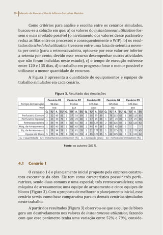 Marcelo de Alencar e Silva & Jefferson Luiz Alves Marinho
114
Como critérios para análise e escolha entre os cenários simulados,
buscou-se a solução em que: a) os valores do instantaneous utilization fos-
sem o mais nivelado possível (o nivelamento dos valores desse parâmetro
reduz as filas entre os processos e consequentemente o WIP); b) os resul-
tados do scheduled utilization tivessem entre uma faixa de setenta a noven-
ta per cento (para a retroescavadeira, optou-se por esse valor ser inferior
a setenta por cento, devido esse recurso desempenhar outras atividades
que não foram incluídas neste estudo), c) o tempo de execução estivesse
entre 120 e 135 dias, d) o trabalho em progresso fosse o menor possível e
utilizasse a menor quantidade de recursos.
A Figura 3 apresenta a quantidade de equipamentos e equipes de
trabalho simulados em cada cenário.
Figura 3. Resultado das simulações
Fonte: os autores (2017).
4.1 Cenário 1
O cenário 1 é o planejamento inicial proposto pela empresa constru-
tora executante da obra. Ele tem como característica possuir três perfu-
ratrizes, sendo duas comuns e uma especial; três retroescavadeiras; uma
máquina de arrasamento; uma equipe de arrasamento e cinco equipes de
blocos (Figura 3). Com a proposta de melhorar o planejamento inicial, esse
cenário serviu como base comparativa para os demais cenários simulados
neste trabalho.
A partir dos resultados (Figura 3) observou-se que a equipe de bloco
gera um desnivelamento nos valores de instantaneous utilization, fazendo
com que esse parâmetro tenha uma variação entre 52% e 79%, conside-
 