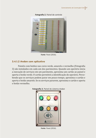 Gerenciamento da Construção Civil 97
Fotografia 2. Painel de controle
Fonte: Pavei (2016).
3.4.1.2 Andon com aplicativo
Painéis com botões nas cores verde, amarelo e vermelho (Fotografia
3) são instalados em cada um dos pavimentos. Quando um operário inicia
a execução de serviços em um pavimento, aproxima um cartão ao painel e
aperta o botão verde. O cartão permitirá a identificação do operário. Perce-
bendo que os serviços podem parar em pouco tempo, aproxima o cartão e
aperta o botão amarelo. Se os serviços pararem, aproxima o cartão e aperta
o botão vermelho.
Fotografia 3. Painel do sistema Andon
Fonte: Pavei (2016).
 