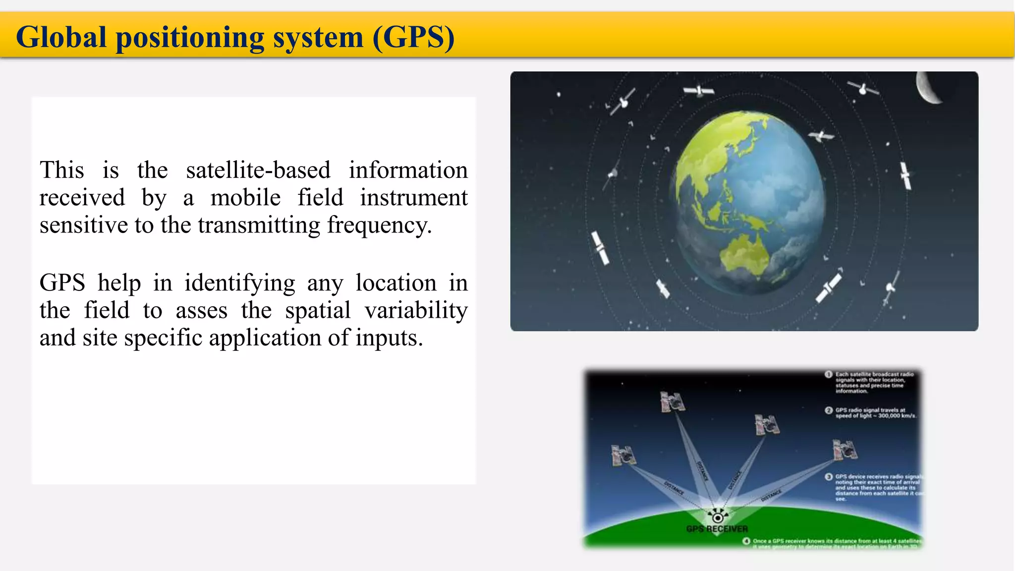 Global positioning system (GPS)
This is the satellite-based information
received by a mobile field instrument
sensitive to the transmitting frequency.
GPS help in identifying any location in
the field to asses the spatial variability
and site specific application of inputs.
 