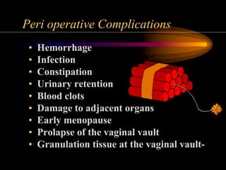 Peri operative Complications
• Hemorrhage
• Infection
• Constipation
• Urinary retention
• Blood clots
• Damage to adjacent organs
• Early menopause
• Prolapse of the vaginal vault
• Granulation tissue at the vaginal vault-
 
