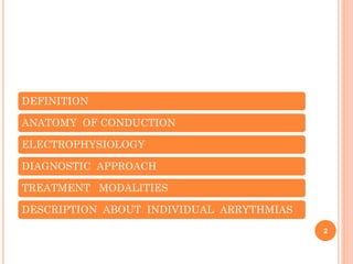 DEFINITION
ANATOMY OF CONDUCTION
ELECTROPHYSIOLOGY
DIAGNOSTIC APPROACH
TREATMENT MODALITIES
DESCRIPTION ABOUT INDIVIDUAL ARRYTHMIAS
2
 