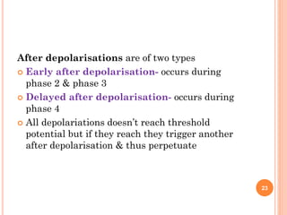 After depolarisations are of two types
 Early after depolarisation- occurs during
phase 2 & phase 3
 Delayed after depolarisation- occurs during
phase 4
 All depolariations doesn’t reach threshold
potential but if they reach they trigger another
after depolarisation & thus perpetuate
23
 