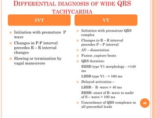 DIFFERENTIAL DIAGNOSIS OF WIDE QRS
TACHYCARDIA
 Initiation with premature P
wave
 Changes in P-P interval
precedes R – R interval
changes
 Slowing or termination by
vagal maneuvers
 Initiation with premature QRS
complex
 Changes in R – R interval
precedes P – P interval
 AV – dissociation
 Fusion ,capture beats
 QRS duration-
RBBB type V1 morphology - >140
ms
LBBB type V1 - > 160 ms
 Delayed activation –
LBBB - R- wave > 40 ms
RBBB- onset of R- wave to nadir
of S – wave > 100 ms
 Concordance of QRS complexes in
all precordial leads
SVT VT
49
 