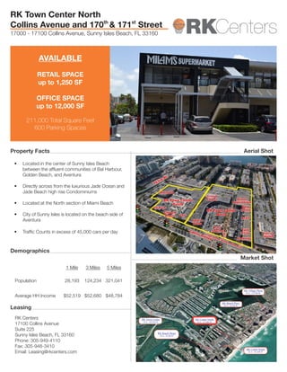 RK Town Center North
Collins Avenue and 170th & 171st Street
17000 - 17100 Collins Avenue, Sunny Isles Beach, FL 33160



              AVAILABLE
              RETAIL SPACE
              up to 1,250 SF

            OFFICE SPACE
            up to 12,000 SF

       211,000 Total Square Feet
         600 Parking Spaces


Property Facts                                                                                                                            Aerial Shot

 •	   Located in the center of Sunny Isles Beach
      between the affluent communities of Bal Harbour,
      Golden Beach, and Aventura

 •	   Directly across from the luxurious Jade Ocean and
      Jade Beach high rise Condominiums

 •	   Located at the North section of Miami Beach

 •	   City of Sunny Isles is located on the beach side of
      Aventura

 •	   Traffic Counts in excess of 45,000 cars per day



Demographics
                                                                                                                                         Market Shot
                            1 Mile    3 Miles   5 Miles

 Population                28,193    124,234 321,041
                                                                                                                                          RK Village Plaza
                                                                                                                                           GLA - 133,500 SF
 Average HH Income        $52,519 $52,680 $48,784
                                                                                                                      RK Beach Place
Leasing                                                                                                                GLA - 18,500 SF




 RK Centers                                                 RK Town Center                        RK Center North
 17100 Collins Avenue
                                                             GLA - 102,650 SF                      GLA - 211,000 SF



 Suite 225
                                                                            RK Beach Shops
 Sunny Isles Beach, FL 33160                                                    GLA - 20,200 SF

 Phone: 305-949-4110
 Fax: 305-948-3410
                                                                                                                                            RK Center South
 Email: Leasing@rkcenters.com                                                                                                                GLA - 101,000 SF
 