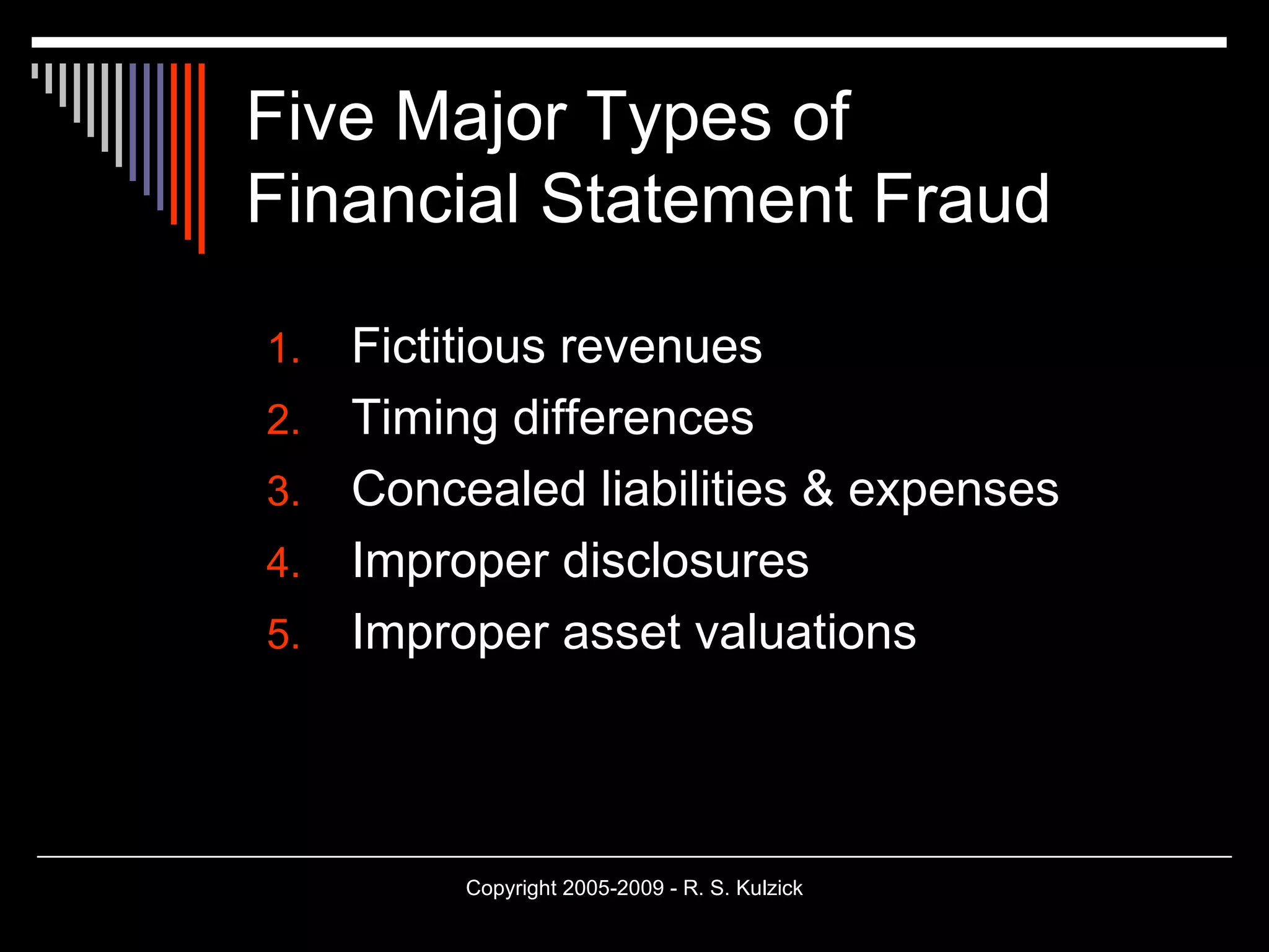 Five Major Types of Financial Statement Fraud Fictitious revenues Timing differences Concealed liabilities & expenses Improper disclosures Improper asset valuations 