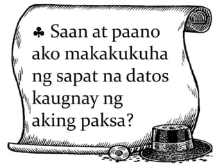  Saan at paano 
ako makakukuha 
ng sapat na datos 
kaugnay ng 
aking paksa? 
 
