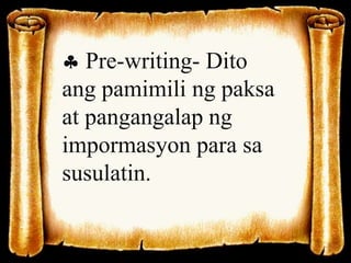  Pre-writing- Dito 
ang pamimili ng paksa 
at pangangalap ng 
impormasyon para sa 
susulatin. 
 