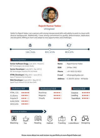 刀愀樀攀猀栀 䬀甀洀愀爀 夀愀搀愀瘀
唀䤀 䔀渀最椀渀攀攀爀
䠀攀氀氀漀℀ 䤀ᤠ洀 刀愀樀攀猀栀 夀愀搀愀瘀Ⰰ 䤀 愀洀 愀 瀀攀爀猀漀渀 眀椀琀栀 猀琀爀漀渀最 椀渀琀攀爀瀀攀爀猀漀渀愀氀 猀欀椀氀氀猀 眀椀琀栀 愀戀椀氀椀琀礀 琀漀 眀漀爀欀 椀渀 愀 琀攀愀洀 眀椀琀栀 
搀椀瘀攀爀猀攀 戀愀挀欀最爀漀甀渀搀猀⸀ 䄀搀搀椀琀椀漀渀愀氀氀礀Ⰰ 䤀 栀愀瘀攀 猀琀爀漀渀最 挀漀洀洀椀琀洀攀渀琀 琀漀 焀甀愀氀椀琀礀Ⰰ 搀攀琀攀爀洀椀渀愀琀椀漀渀Ⰰ 搀攀搀椀挀愀琀椀漀渀 
愀渀搀 搀椀猀挀椀瀀氀椀渀攀⸀ 圀椀氀氀椀渀最 琀漀 氀攀愀爀渀 愀渀搀 愀搀愀瀀琀 琀漀 渀攀眀 漀瀀瀀漀爀琀甀渀椀琀椀攀猀 愀渀搀 挀栀愀氀氀攀渀最攀猀⸀
㄀㈀琀栀 簀 㜀㐀⸀㘀─ 䈀䌀䄀 簀  㘀㜀⸀㤀─ 䴀䌀䄀 簀 㘀㜀─
匀攀渀椀漀爀 匀漀昀琀眀愀爀攀 䔀渀最最⸀ 嬀 䨀愀渀 ㈀　㄀㘀 ⴀ 倀爀攀猀攀渀琀 崀
一䤀䤀吀 吀攀挀栀渀漀氀漀最椀攀猀 䰀琀搀Ⰰ 䜀爀攀愀琀攀爀 一漀椀搀愀
匀攀渀椀漀爀 䐀攀瘀攀氀漀瀀攀爀 嬀 䨀甀氀礀 ㈀　㄀㔀 ⴀ 䐀攀挀 ㈀　㄀㔀 崀
䤀䐀䌀 吀攀挀栀渀漀氀漀最椀攀猀 匀漀氀甀琀椀漀渀猀 倀瘀琀 䰀琀搀Ⰰ 一漀椀搀愀
䠀吀䴀䰀 䐀攀瘀攀氀漀瀀攀爀 嬀 䴀愀礀 ㈀　㄀㌀ ⴀ 䨀甀渀攀 ㈀　㄀㔀 崀
匀瀀愀爀砀 䤀吀 匀漀氀甀琀椀漀渀猀 倀瘀琀 䰀琀搀Ⰰ 一漀椀搀愀
圀攀戀 䐀攀瘀攀氀漀瀀攀爀 嬀 䨀甀渀攀 ㈀　㄀㈀ ⴀ 䴀愀礀 ㈀　㄀㌀ 崀
匀瀀攀攀搀 吀漀甀挀栀 䤀渀昀漀琀攀挀栀 倀瘀琀 䰀琀搀Ⰰ 一攀眀 䐀攀氀栀椀
一愀洀攀   㨀  刀愀樀攀猀栀 䬀甀洀愀爀 夀愀搀愀瘀
䐀伀䈀           㨀  ㈀㐀 一漀瘀 ㄀㤀㤀㈀
倀栀漀渀攀   㨀  ⬀㤀㄀ⴀ㤀㔀㔀㔀ⴀ㔀㈀ⴀ㤀㔀㔀㔀
䔀ⴀ洀愀椀氀     㨀  椀渀昀漀䀀爀愀樀攀猀栀礀愀搀愀瘀⸀渀攀琀
䄀搀搀爀攀猀猀 㨀  䌀ⴀ㈀　㌀⼀匀䘀Ⰰ 匀攀挀琀漀爀 ⴀ 㐀㤀 一漀椀搀愀
䠀吀䴀䰀Ⰰ 䌀匀匀
䨀匀Ⰰ 樀儀甀攀爀礀
䄀渀最甀氀愀爀䨀匀
䄀䨀䄀堀⼀䨀匀伀一
匀䄀匀匀⼀䰀䔀匀匀
䈀漀漀琀匀琀爀愀瀀
䴀愀最攀渀琀漀
匀栀漀瀀椀昀礀
䬀渀漀眀 洀漀爀攀 愀戀漀甀琀 洀攀 愀渀搀 爀攀瘀椀攀眀 洀礀 瀀漀爀琀昀漀氀椀漀 愀琀 眀眀眀⸀刀愀樀攀猀栀夀愀搀愀瘀⸀渀攀琀
 