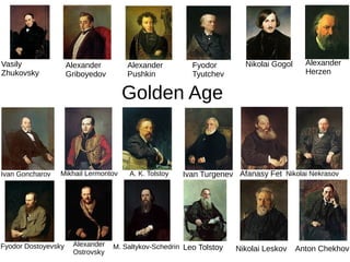 Golden Age
Alexander
Ostrovsky
Fyodor Dostoyevsky M. Saltykov-Schedrin Leo Tolstoy Nikolai Leskov Anton Chekhov
Vasily
Zhukovsky
Alexander
Griboyedov
Alexander
Pushkin
Fyodor
Tyutchev
Nikolai Gogol Alexander
Herzen
Ivan Goncharov Mikhail Lermontov A. K. Tolstoy Ivan Turgenev Afanasy Fet Nikolai Nekrasov
 