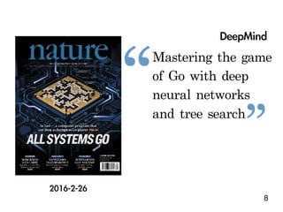 8
Mastering	the	game	
of	Go	with	deep	
neural	networks	
and	tree	search
DeepMind
2016-2-26
”
“
 