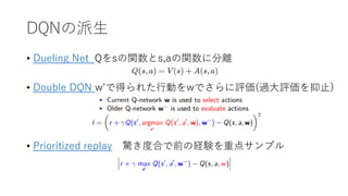 DQNの派生
• Dueling Net Qをsの関数とs,aの関数に分離
• Double DQN w’で得られた行動をwでさらに評価(過大評価を抑止)
• Prioritized replay 驚き度合で前の経験を重点サンプル
 