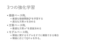 3つの強化学習
• 価値ベースRL
• 最適な価値関数Q*を学習する
• 適当な方策πを決める
• 方策ベースRL
• 最適な方策π*を直接決める
• モデルベースRL
• 環境に関するモデルをすでに構築できる場合
• 環境に応じてQやπを作る。
 