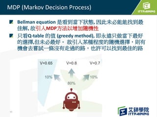 Bellman equation 是看到當下狀態, 因此未必能能找到最
佳解, 故引入MDP方法以增加隨機性
只看Q-table 的值 (greedy method), 即永遠只做當下最好
的選擇,但未必最好。 故引入某種程度的隨機選擇，則有
機會去嘗試一條沒有走過的路，也許可以找到最佳的路
MDP (Markov Decision Process)
11
 