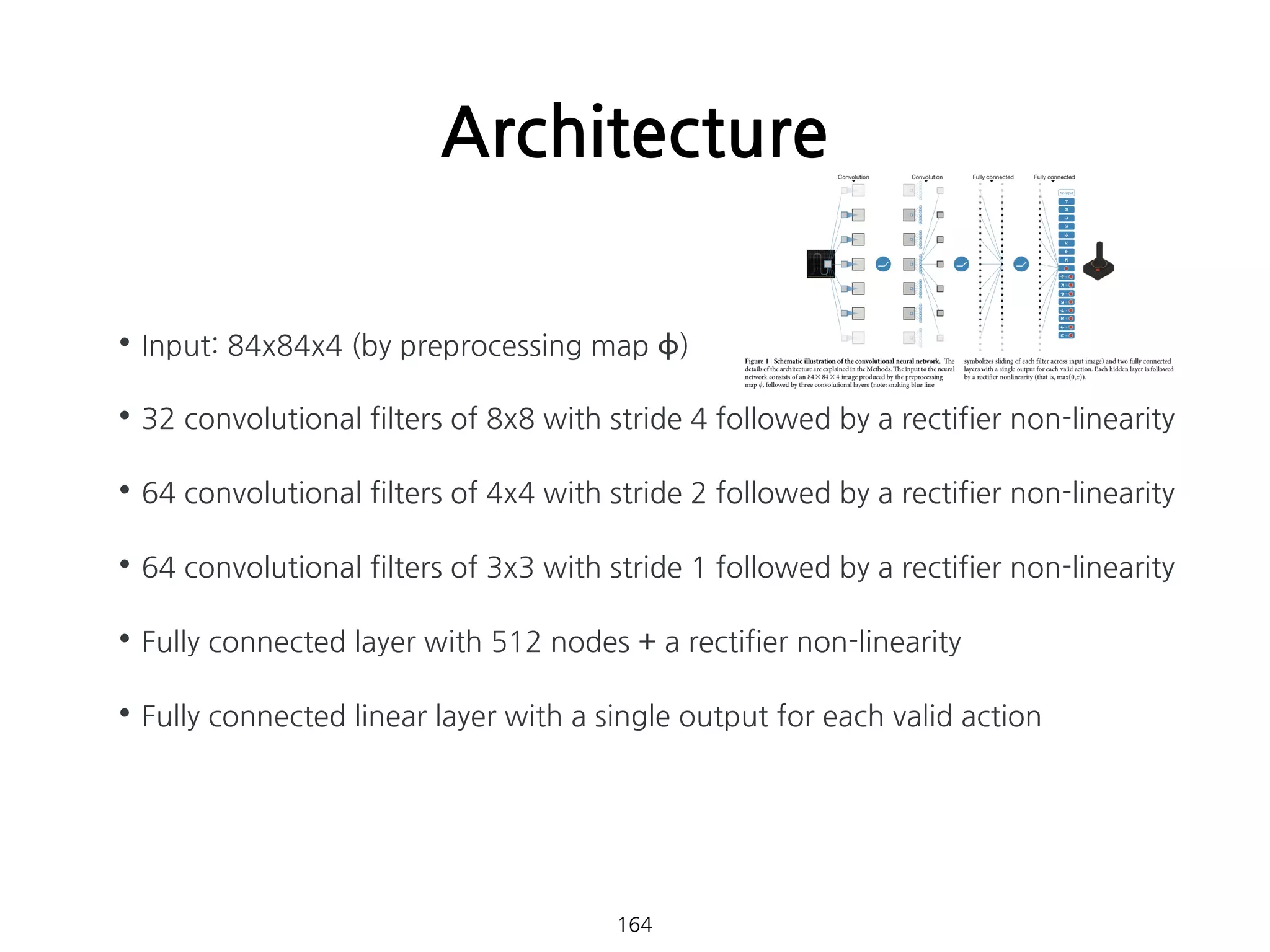 Architecture
164
•Input: 84x84x4 (by preprocessing map ϕ)
•32 convolutional filters of 8x8 with stride 4 followed by a rectifier non-linearity
•64 convolutional filters of 4x4 with stride 2 followed by a rectifier non-linearity
•64 convolutional filters of 3x3 with stride 1 followed by a rectifier non-linearity
•Fully connected layer with 512 nodes + a rectifier non-linearity
•Fully connected linear layer with a single output for each valid action 
 
 