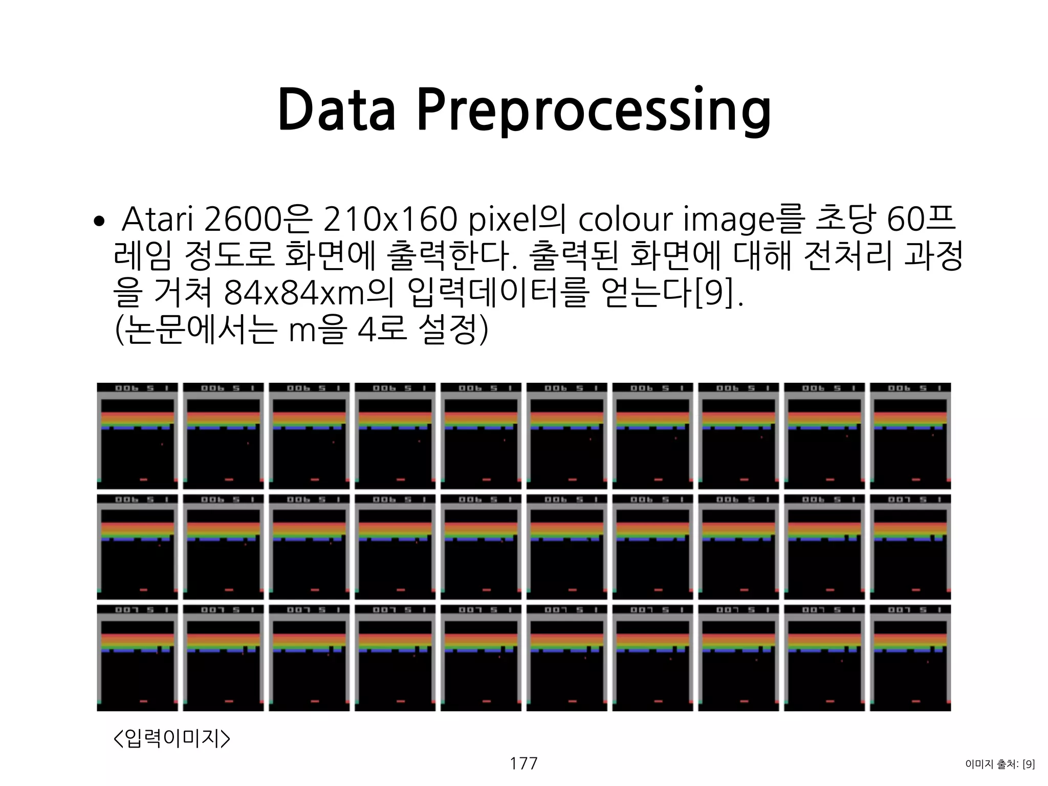 •Atari 2600은 210x160 pixel의 colour image를 초당 60프
레임 정도로 화면에 출력한다. 출력된 화면에 대해 전처리 과정
을 거쳐 84x84xm의 입력데이터를 얻는다[9].  
(논문에서는 m을 4로 설정) 
 
 
 
 
 
 
 
 
 
 
<입력이미지> 
 
Data Preprocessing
177 이미지 출처: [9]
 