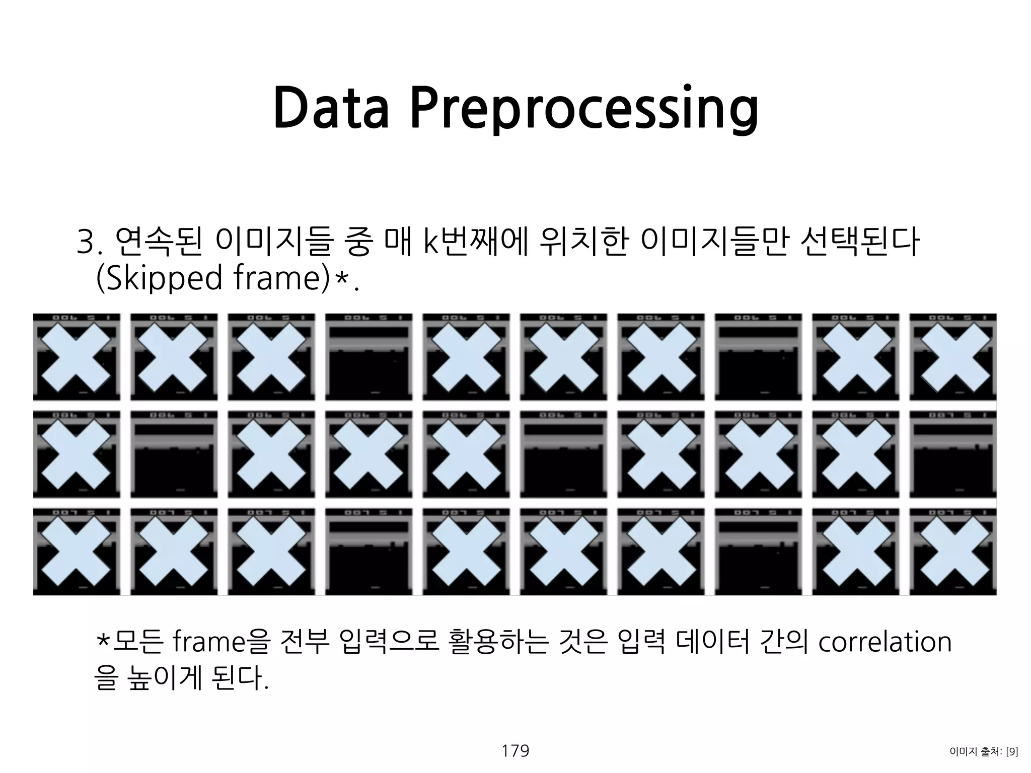 3. 연속된 이미지들 중 매 k번째에 위치한 이미지들만 선택된다
(Skipped frame)*. 
 
 
 
 
 
 
 
 
 
*모든 frame을 전부 입력으로 활용하는 것은 입력 데이터 간의 correlation
을 높이게 된다. 
 
 
Data Preprocessing
179 이미지 출처: [9]
 