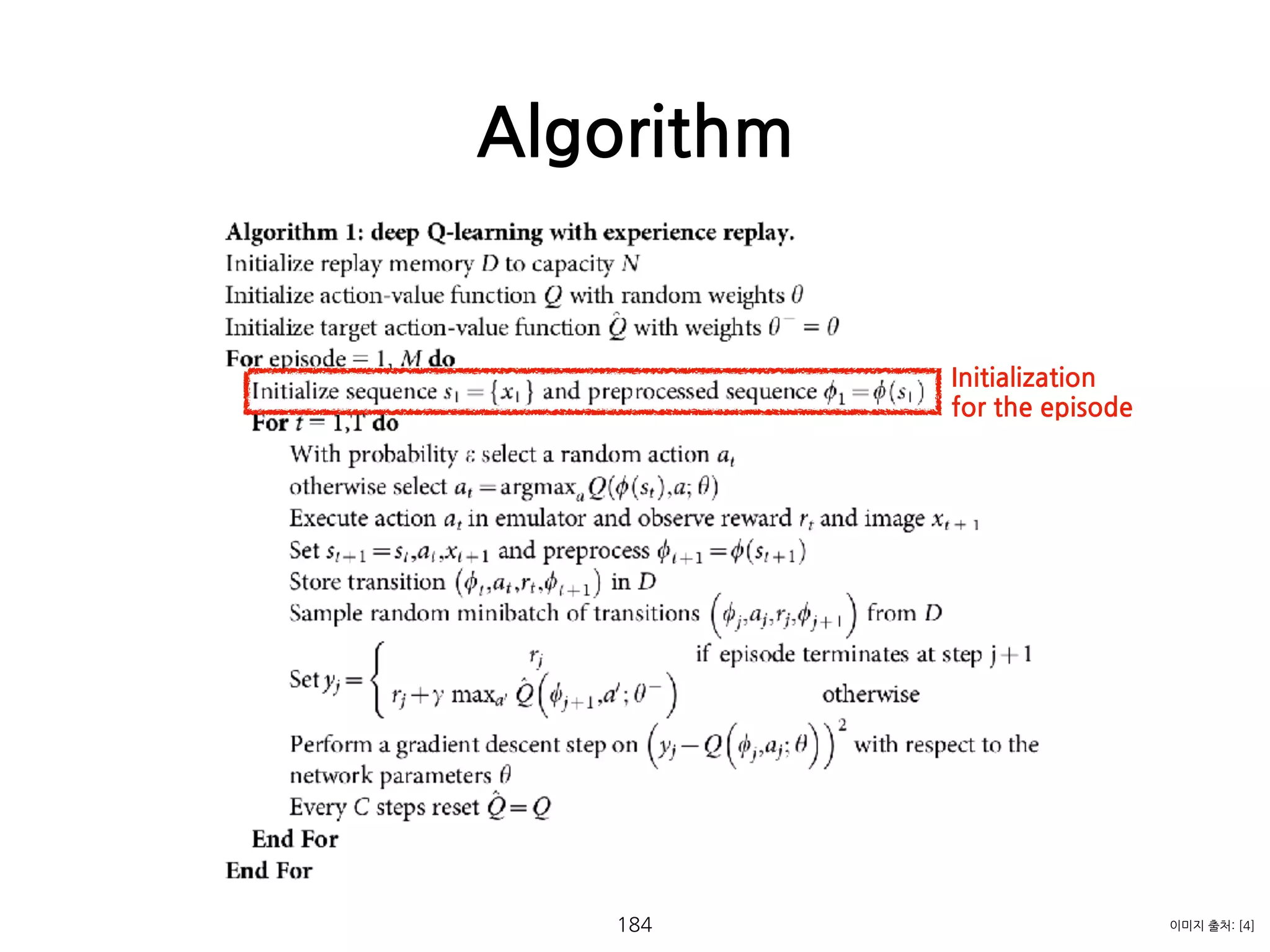 Algorithm
184 이미지 출처: [4]
Initialization  
for the episode
 