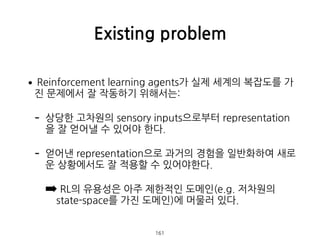 •Reinforcement learning agents가 실제 세계의 복잡도를 가
진 문제에서 잘 작동하기 위해서는:
- 상당한 고차원의 sensory inputs으로부터 representation
을 잘 얻어낼 수 있어야 한다.
- 얻어낸 representation으로 과거의 경험을 일반화하여 새로
운 상황에서도 잘 적용할 수 있어야한다.
➡ RL의 유용성은 아주 제한적인 도메인(e.g. 저차원의
state-space를 가진 도메인)에 머물러 있다.
Existing problem
161
 