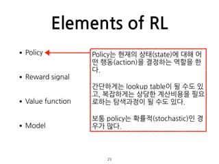 Elements of RL
•Policy 
•Reward signal 
•Value function 
•Model 
 
 
23
Policy는 현재의 상태(state)에 대해 어
떤 행동(action)을 결정하는 역할을 한
다.
간단하게는 lookup table이 될 수도 있
고, 복잡하게는 상당한 계산비용을 필요
로하는 탐색과정이 될 수도 있다.
보통 policy는 확률적(stochastic)인 경
우가 많다.
 