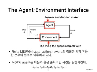 •Finite MDP에서 state, action, reward의 집합은 각각 유한
한 갯수의 원소로 이루어져 있다.
•MDP와 agent는 다음과 같은 순차적인 사건을 발생시킨다. 
 
 
The Agent-Envir...
