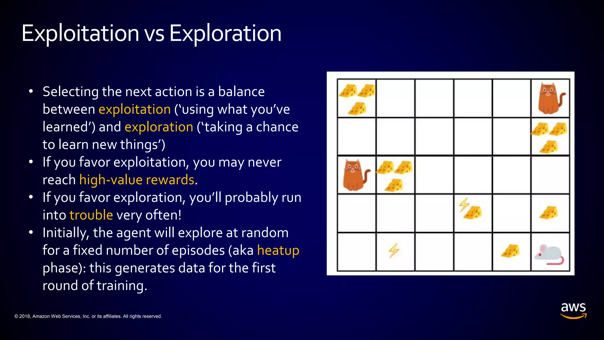 © 2018, Amazon Web Services, Inc. or its affiliates. All rights reserved.
ExploitationvsExploration
• Selecting the next action is a balance
between exploitation (‘using what you’ve
learned’) and exploration (‘taking a chance
to learn new things’)
• If you favor exploitation, you may never
reach high-value rewards.
• If you favor exploration, you’ll probably run
into trouble very often!
• Initially, the agent will explore at random
for a fixed number of episodes (aka heatup
phase): this generates data for the first
round of training.
 