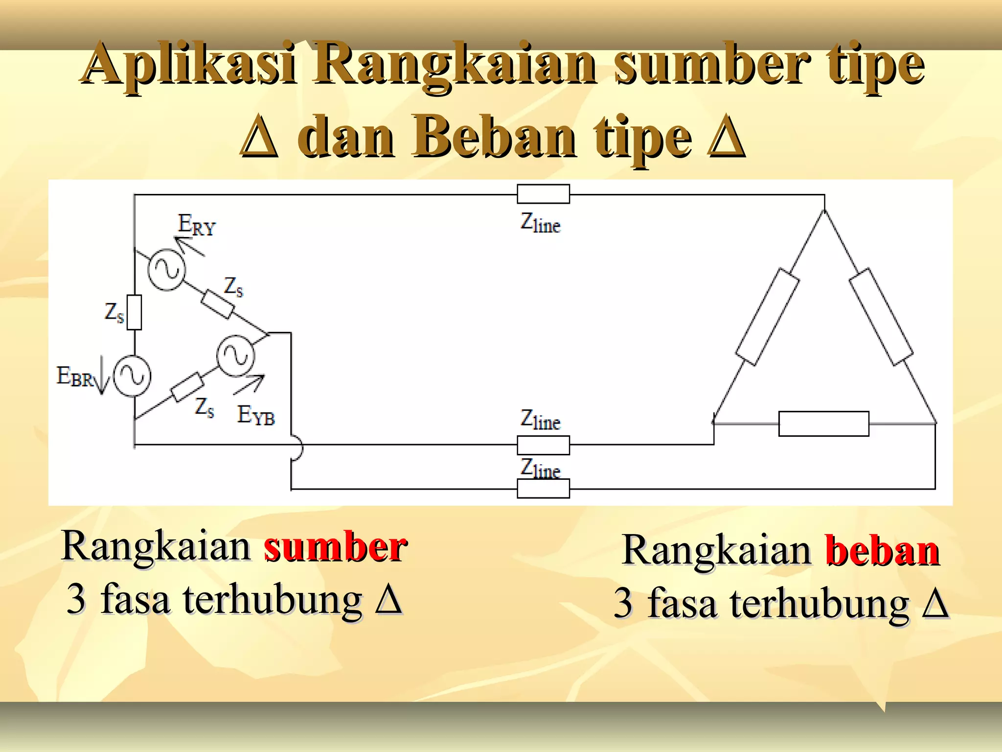 Aplikasi Rangkaian sumber tipeAplikasi Rangkaian sumber tipe
∆∆ dan Beban tipedan Beban tipe ∆∆
RangkaianRangkaian bebanbeban
3 fasa terhubung3 fasa terhubung ∆∆
RangkaianRangkaian sumbersumber
3 fasa terhubung3 fasa terhubung ∆∆
 