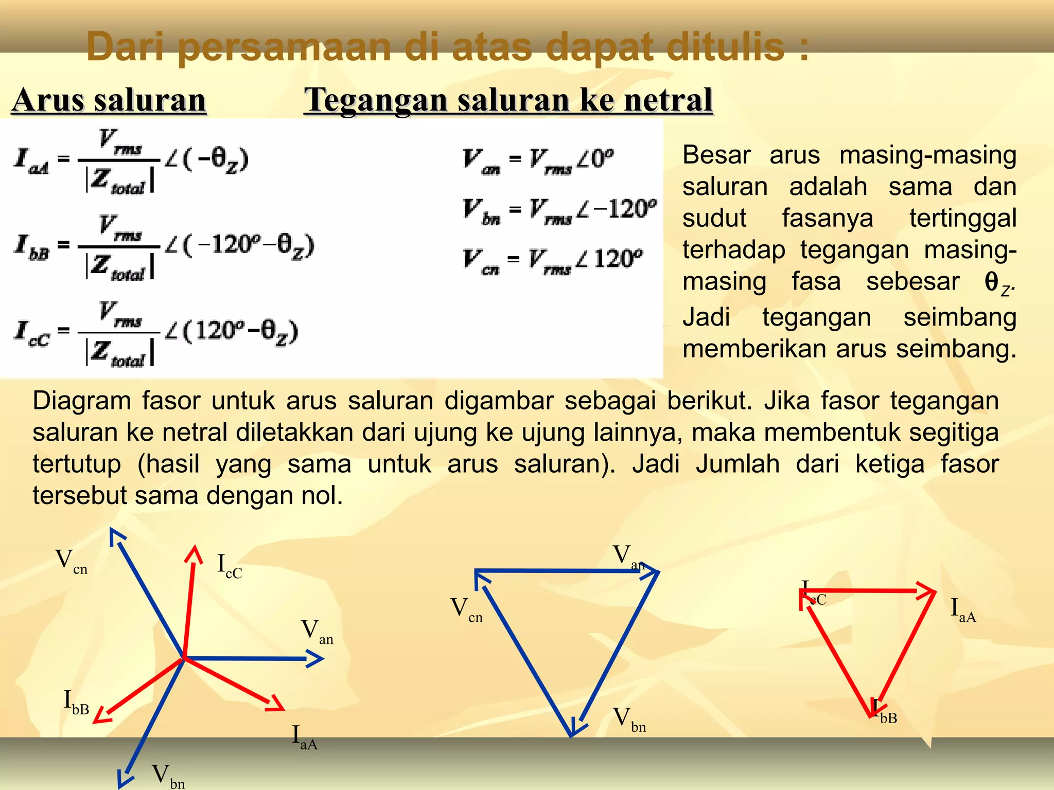 Dari persamaan di atas dapat ditulis :
Arus saluranArus saluran Tegangan saluran ke netralTegangan saluran ke netral
Diagram fasor untuk arus saluran digambar sebagai berikut. Jika fasor tegangan
saluran ke netral diletakkan dari ujung ke ujung lainnya, maka membentuk segitiga
tertutup (hasil yang sama untuk arus saluran). Jadi Jumlah dari ketiga fasor
tersebut sama dengan nol.
IbB
IcC
IaA
Besar arus masing-masing
saluran adalah sama dan
sudut fasanya tertinggal
terhadap tegangan masing-
masing fasa sebesar θZ.
Jadi tegangan seimbang
memberikan arus seimbang.
IbB
Van
Vbn
Vcn IcC
IaA
Vcn
Van
Vbn
 