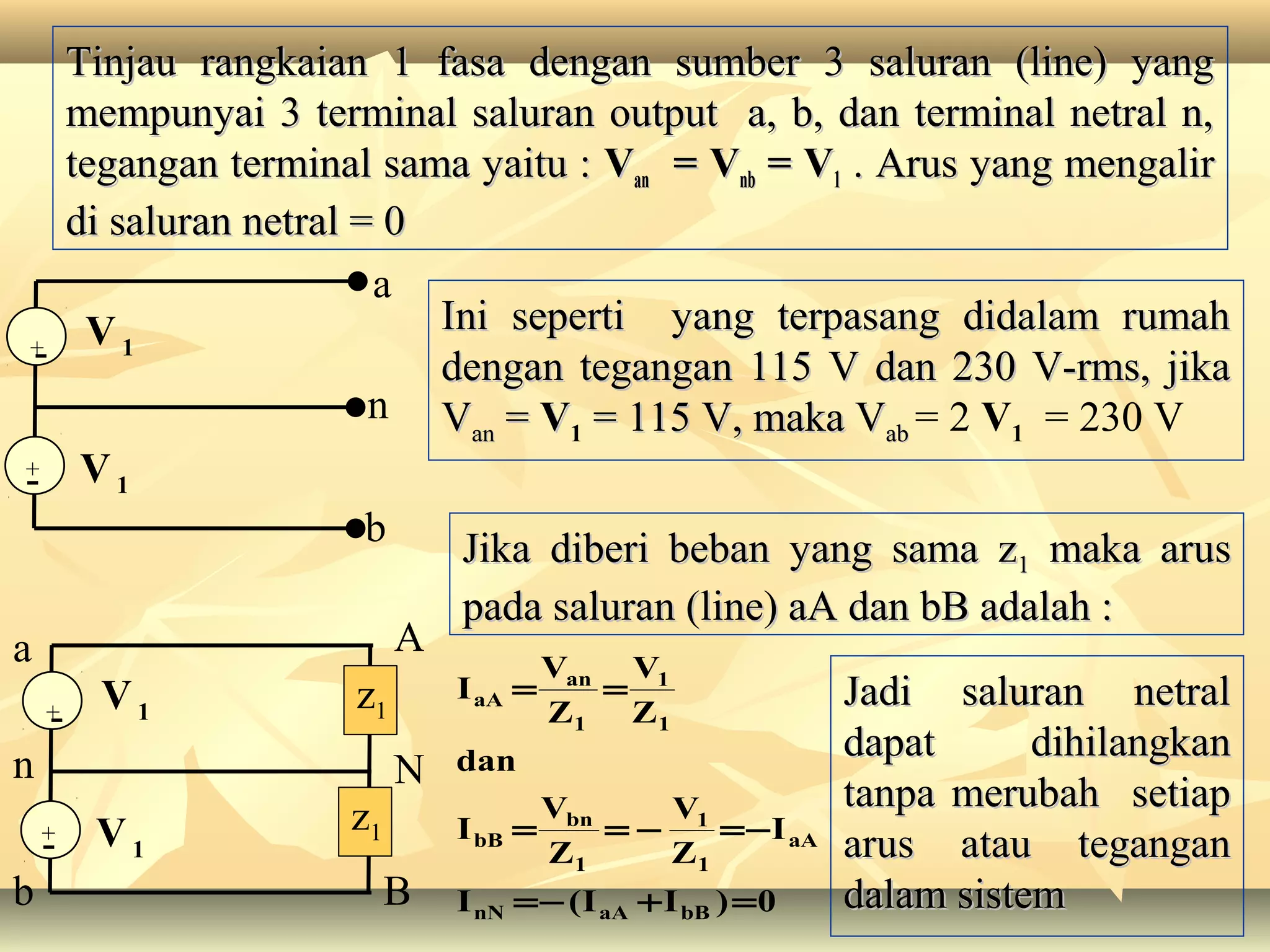 Tinjau rangkaian 1 fasa dengan sumber 3 saluran (line) yangTinjau rangkaian 1 fasa dengan sumber 3 saluran (line) yang
mempunyai 3 terminal saluran output a, b, dan terminal netral n,mempunyai 3 terminal saluran output a, b, dan terminal netral n,
tegangan terminal sama yaitu :tegangan terminal sama yaitu : VVanan = V= Vnbnb = V= V11 . Arus yang mengalir. Arus yang mengalir
di saluran netral = 0di saluran netral = 0
n
V1
b
a
+
V1
-
-+
Ini seperti yang terpasang didalam rumahIni seperti yang terpasang didalam rumah
dengan tegangan 115 V dan 230 V-rms, jikadengan tegangan 115 V dan 230 V-rms, jika
VVanan == VV1 = 115 V, maka V= 115 V, maka Vabab = 2 V1 = 230 V
n
V1
b
a
+
V1
-
-+
z1
z1
N
B
A
Jika diberi beban yang sama zJika diberi beban yang sama z11 maka arusmaka arus
pada saluran (line) aA dan bB adalah :pada saluran (line) aA dan bB adalah :
0)II(I
I
Z
V
Z
V
I
dan
Z
V
Z
V
I
bBaAnN
aA
1
1
1
bn
bB
1
1
1
an
aA
=+−=
−=−==
== Jadi saluran netralJadi saluran netral
dapat dihilangkandapat dihilangkan
tanpa merubah setiaptanpa merubah setiap
arus atau teganganarus atau tegangan
dalam sistemdalam sistem
 