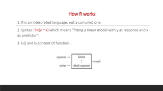 How R works
1. R is an interpreted language, not a compiled one.
2. Syntax : lm(y ~ x) which means “fitting a linear model with y as response and x
as predictor”.
3. ls() and ls-content of function .
 