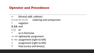 Operator and Precedence
+ - (binary) add, subtract
< > <= >= == != ordering and comparison
! negation
& && and
| || or
~ as in formulae
-> ->> rightwards assignment
<- <<- assignment (right to left)
= assignment (right to left)
? help (unary and binary)
 