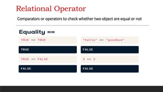 Relational Operator
Comparators or operators to check whether two object are equal or not
 