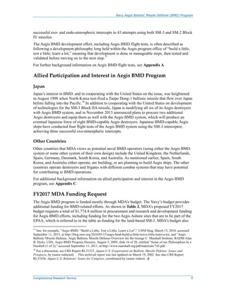 Navy Aegis Ballistic Missile Defense (BMD) Program
Congressional Research Service 9
successful exo- and endo-atmospheric intercepts in 43 attempts using both SM-3 and SM-2 Block
IV missiles.
The Aegis BMD development effort, including Aegis BMD flight tests, is often described as
following a development philosophy long held within the Aegis program office of “build a little,
test a little, learn a lot,” meaning that development is done in manageable steps, then tested and
validated before moving on to the next step.17
For further background information on Aegis BMD flight tests, see Appendix A.
Allied Participation and Interest in Aegis BMD Program
Japan
Japan’s interest in BMD, and in cooperating with the United States on the issue, was heightened
in August 1998 when North Korea test-fired a Taepo Dong-1 ballistic missile that flew over Japan
before falling into the Pacific.18
In addition to cooperating with the United States on development
of technologies for the SM-3 Block IIA missile, Japan is modifying all six of its Aegis destroyers
with Aegis BMD system, and in November 2013 announced plans to procure two additional
Aegis destroyers and equip them as well with the Aegis BMD system, which will produce an
eventual Japanese force of eight BMD-capable Aegis destroyers. Japanese BMD-capable Aegis
ships have conducted four flight tests of the Aegis BMD system using the SM-3 interceptor,
achieving three successful exo-atmospheric intercepts.
Other Countries
Other countries that MDA views as potential naval BMD operators (using either the Aegis BMD
system or some other system of their own design) include the United Kingdom, the Netherlands,
Spain, Germany, Denmark, South Korea, and Australia. As mentioned earlier, Spain, South
Korea, and Australia either operate, are building, or are planning to build Aegis ships. The other
countries operate destroyers and frigates with different combat systems that may have potential
for contributing to BMD operations.
For additional background information on allied participation and interest in the Aegis BMD
program, see Appendix C.
FY2017 MDA Funding Request
The Aegis BMD program is funded mostly through MDA’s budget. The Navy’s budget provides
additional funding for BMD-related efforts. As shown in Table 2, MDA’s proposed FY2017
budget requests a total of $1,774.8 million in procurement and research and development funding
for Aegis BMD efforts, including funding for the two Aegis Ashore sites that are to be part of the
EPAA, which is referred to in the table as funding for the land-based SM-3. MDA’s budget also
17
See, for example, “Aegis BMD: “Build a Little, Test a Little, Learn a Lot”,” USNI blog, March 15, 2010, accessed
September 11, 2013, at http://blog.usni.org/2010/03/15/aegis-bmd-build-a-little-test-a-little-learn-a-lot, and “Aegis
Ballistic Missile Defense, Aegis Ballistic Missile Defense Overview for the George C. Marshall Institute, RADM Alan
B. Hicks, USN, Aegis BMD Program Director, August 3, 2009, slide 16 of 20, entitled “Some of our Philosophies In a
Nutshell (1 of 2),” accessed September 11, 2011, at http://www.marshall.org/pdf/materials/743.pdf.
18
For a discussion, see CRS Report RL31337, Japan-U.S. Cooperation on Ballistic Missile Defense: Issues and
Prospects, by (name redacted) . This archived report was last updated on March 19, 2002. See also CRS Report
RL33436, Japan-U.S. Relations: Issues for Congress, coordinated by (name redacte d) .
 