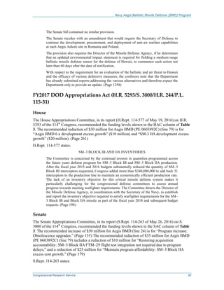 Navy Aegis Ballistic Missile Defense (BMD) Program
Congressional Research Service 30
The Senate bill contained no similar provision.
The Senate recedes with an amendment that would require the Secretary of Defense to
continue the development, procurement, and deployment of anti-air warfare capabilities
at each Aegis Ashore site in Romania and Poland.
The provision also requires the Director of the Missile Defense Agency, if he determines
that an updated environmental impact statement is required for fielding a medium range
ballistic missile defense sensor for the defense of Hawaii, to commence such action not
later than 60 days after the date of notification.
With respect to the requirement for an evaluation of the ballistic and air threat to Hawaii
and the efficacy of various defensive measures, the conferees note that the Department
has already submitted reports addressing the various alternatives and therefore expect the
Department only to provide an update. (Page 1258)
FY2017 DOD Appropriations Act (H.R. 5293/S. 3000/H.R. 244/P.L.
115-31)
House
The House Appropriations Committee, in its report (H.Rept. 114-577 of May 19, 2016) on H.R.
5293 of the 114th
Congress, recommended the funding levels shown in the HAC column of Table
3. The recommended reduction of $30 million for Aegis BMD (PE 0603892C) (line 79) is for
“Aegis BMD 6.x development excess growth” ($10 million) and “SM-3 IIA development excess
growth” ($20 million). (Page 261)
H.Rept. 114-577 states:
SM–3 BLOCK IB AND IIA INVENTORIES
The Committee is concerned by the continual erosion in quantities programmed across
the future years defense program for SM–3 Block IB and SM–3 Block IIA production.
After the fiscal year 2015 and 2016 budgets substantially reduced the quantity of SM–3
Block IB interceptors requested, Congress added more than $340,000,000 to add back 31
interceptors to the production line to maintain an economically efficient production rate.
The lack of an inventory objective for this critical missile defense system makes it
particularly challenging for the congressional defense committees to assess annual
progress towards meeting warfighter requirements. The Committee directs the Director of
the Missile Defense Agency, in coordination with the Secretary of the Navy, to establish
and report the inventory objective required to satisfy warfighter requirements for the SM–
3 Block IB and Block IIA missile as part of the fiscal year 2018 and subsequent budget
requests. (Page 198)
Senate
The Senate Appropriations Committee, in its report (S.Rept. 114-263 of May 26, 2016) on S.
3000 of the 114th
Congress, recommended the funding levels shown in the SAC column of Table
3. The recommended increase of $50 million for Aegis BMD (line 24) is for “Program increase:
Obsolescence upgrades.” (Page 135) The recommended reduction of $35 million for Aegis BMD
(PE 0603892C) (line 79) includes a reduction of $10 million for “Restoring acquisition
accountability: SM–3 Block IIA FTM–29 flight test integration not required due to program
delays,” and a reduction of $25 million for “Maintain program affordability: SM–3 Block IIA
excess cost growth.” (Page 179)
S.Rept. 114-263 states:
 
