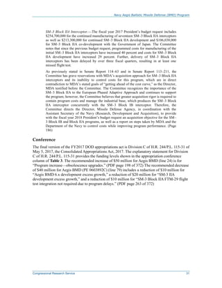 Navy Aegis Ballistic Missile Defense (BMD) Program
Congressional Research Service 31
SM–3 Block IIA Interceptor.—The fiscal year 2017 President’s budget request includes
$254,700,000 for the continued manufacturing of seventeen SM–3 Block IIA interceptors
as well as $213,300,000 for continued SM–3 Block IIA development and $106,038,000
for SM–3 Block IIA co-development with the Government of Japan. The Committee
notes that since the previous budget request, programmed costs for manufacturing of the
initial SM–3 Block IIA interceptors have increased 40 percent and costs for SM–3 Block
IIA development have increased 29 percent. Further, delivery of SM–3 Block IIA
interceptors has been delayed by over three fiscal quarters, resulting in at least one
missed flight test.
As previously stated in Senate Report 114–63 and in Senate Report 113–211, the
Committee has grave reservations with MDA’s acquisition approach for SM–3 Block IIA
interceptors and its inability to control costs for this program, which are in direct
contradiction to MDA’s stated goals of “getting ahead of the cost curve,” as the Director,
MDA testified before the Committee. The Committee recognizes the importance of the
SM–3 Block IIA to the European Phased Adaptive Approach and continues to support
the program; however, the Committee believes that greater acquisition rigor is required to
contain program costs and manage the industrial base, which produces the SM–3 Block
IIA interceptor concurrently with the SM–3 Block IB interceptor. Therefore, the
Committee directs the Director, Missile Defense Agency, in coordination with the
Assistant Secretary of the Navy (Research, Development and Acquisition), to provide
with the fiscal year 2018 President’s budget request an acquisition objective for the SM–
3 Block IB and Block IIA programs, as well as a report on steps taken by MDA and the
Department of the Navy to control costs while improving program performance. (Page
186)
Conference
The final version of the FY2017 DOD appropriations act is Division C of H.R. 244/P.L. 115-31 of
May 5, 2017, the Consolidated Appropriations Act, 2017. The explanatory statement for Division
C of H.R. 244/P.L. 115-31 provides the funding levels shown in the appropriation conference
column of Table 3. The recommended increase of $50 million for Aegis BMD (line 24) is for
“Program increase—obsolescence upgrades.” (PDF page 198 of 372) The recommended decrease
of $40 million for Aegis BMD (PE 0603892C) (line 79) includes a reduction of $10 million for
“Aegis BMD 6.x development excess growth,” a reduction of $20 million for “SM-3 IIA
development excess growth,” and a reduction of $10 million for “SM-3 Block IIA FTM-29 flight
test integration not required due to program delays.” (PDF page 263 of 372)
 